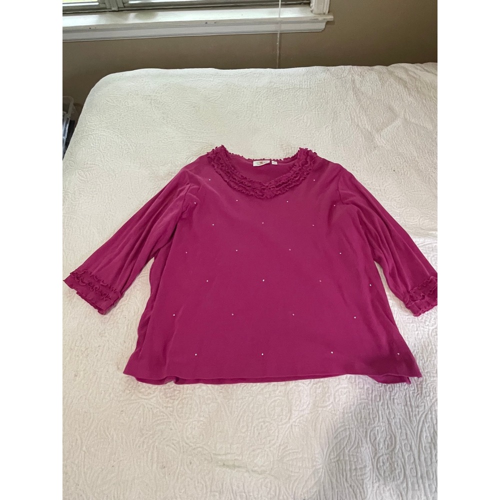 Quacker Factory Magenta Pink Ruffle Neck Rhinestone Cotton Top A93287‎ Womens 1X
